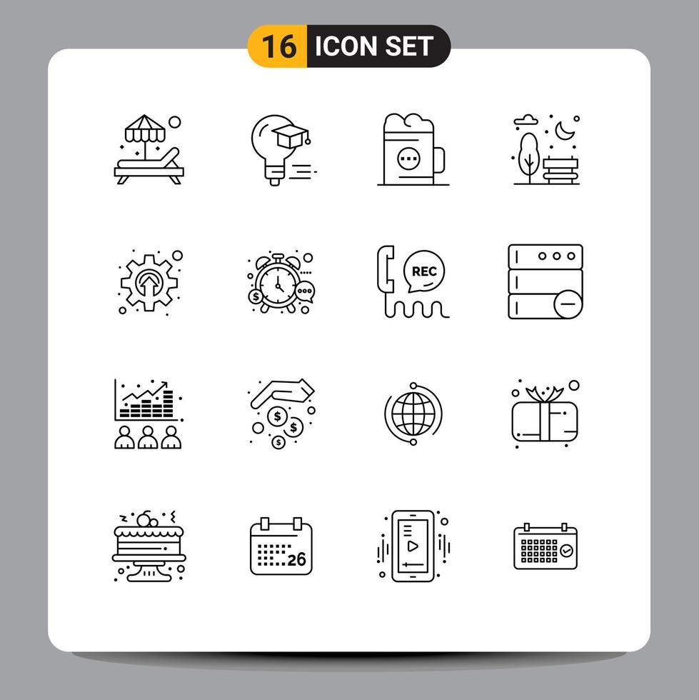 16 Universal Outlines Set for Web and Mobile Applications gear cogwheel beer park bench Editable Vector Design Elements