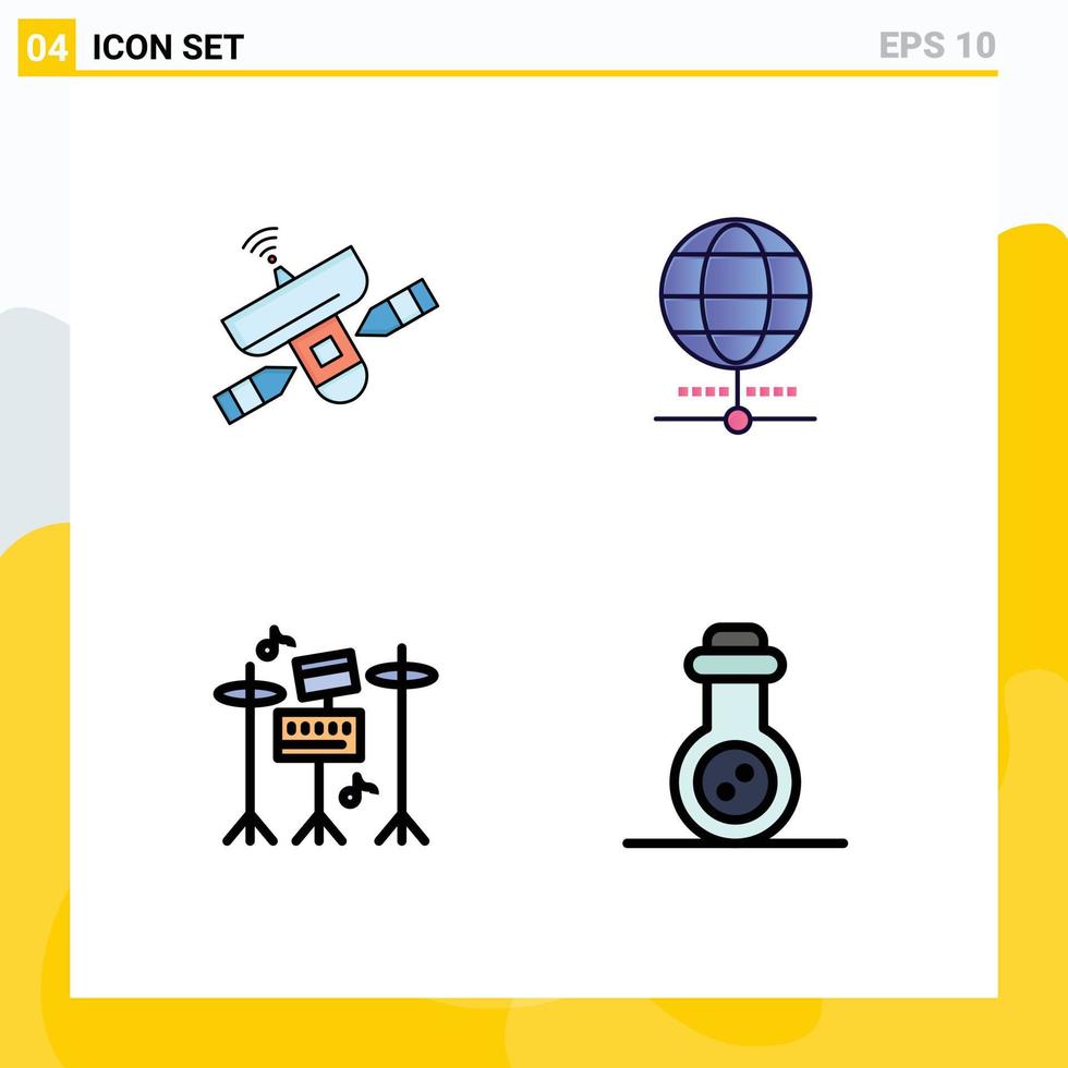 4 Universal Filledline Flat Colors Set for Web and Mobile Applications satellite drum space internet music Editable Vector Design Elements