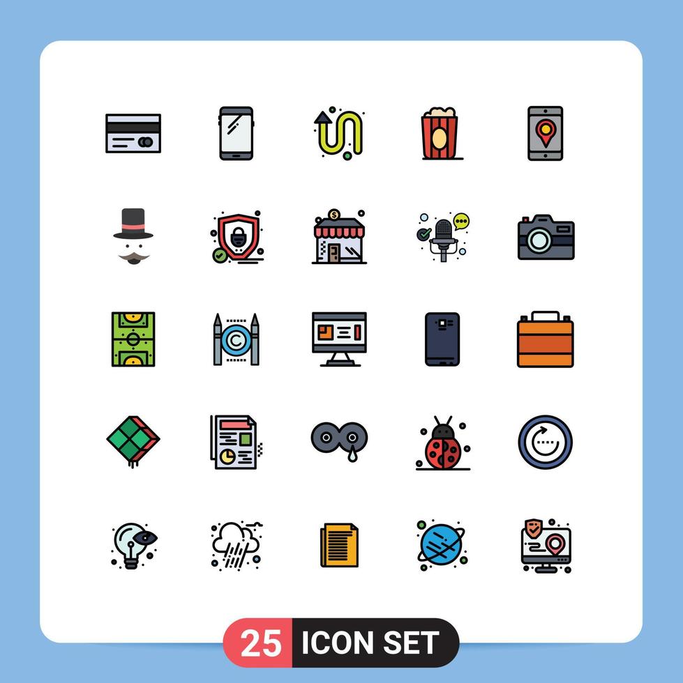 Pack of 25 Modern Filled line Flat Colors Signs and Symbols for Web Print Media such as mobile movie samsung food left up Editable Vector Design Elements
