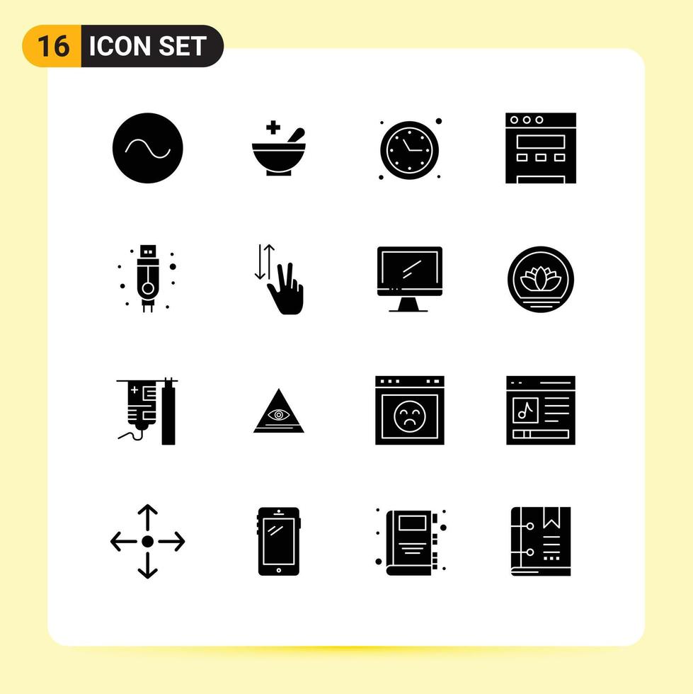 Pack of 16 Modern Solid Glyphs Signs and Symbols for Web Print Media such as two finger time usb adapter Editable Vector Design Elements