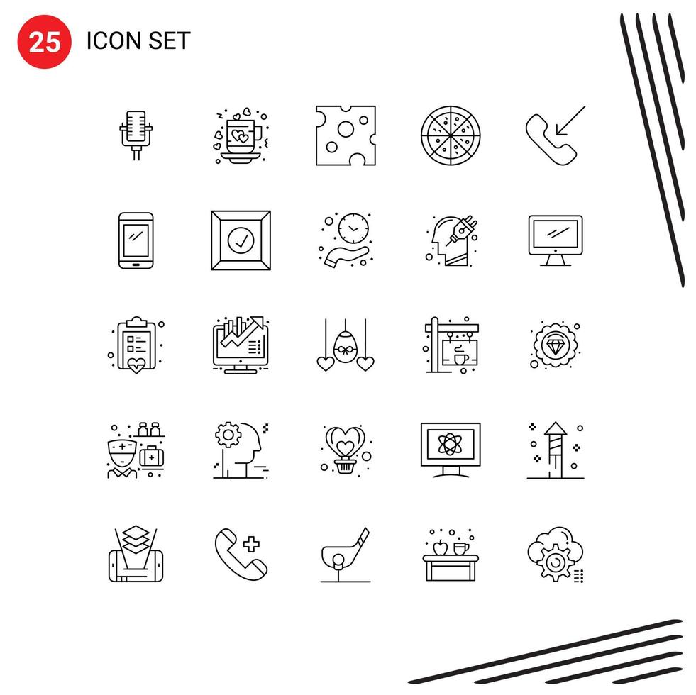 Universal Icon Symbols Group of 25 Modern Lines of outgoing call love pizza meal Editable Vector Design Elements