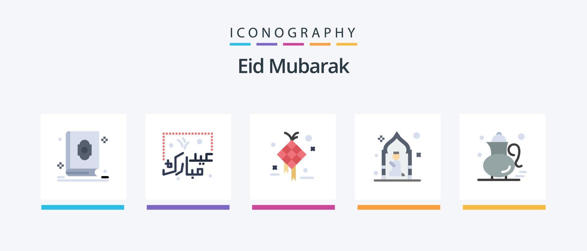 Eid Mubarak Flat 5 Icon Pack Including pray. mosque. lettering. hanging. creative. Creative Icons Design vector