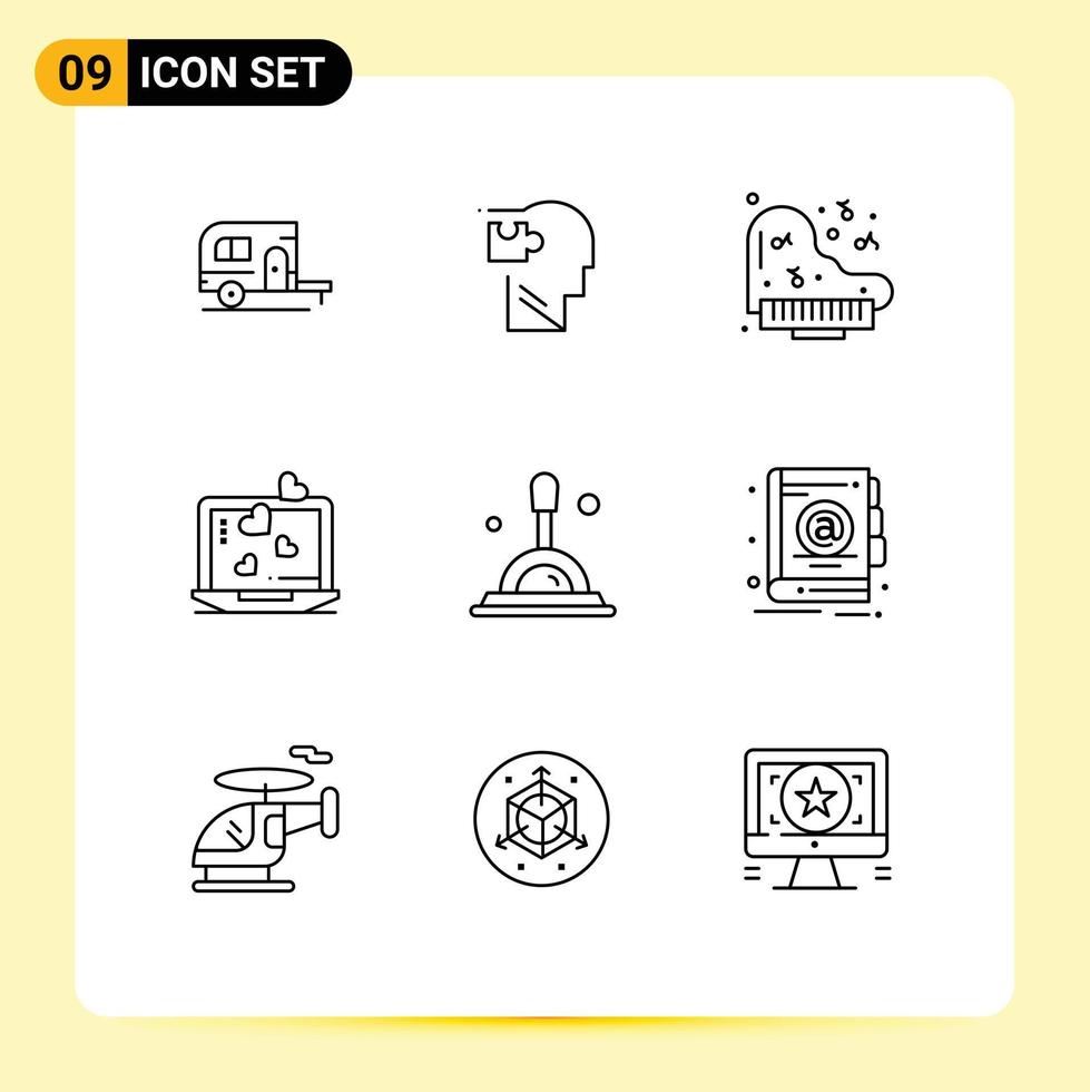 Pictogram Set of 9 Simple Outlines of magnifying glass wedding solution heart laptop Editable Vector Design Elements
