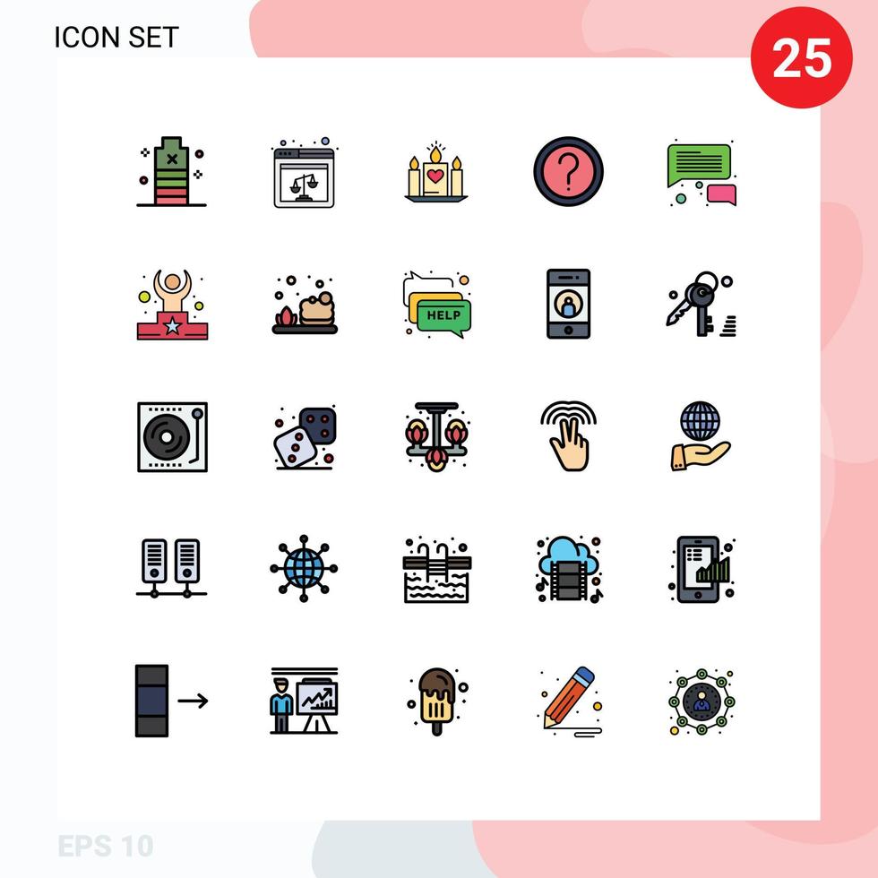 Mobile Interface Filled line Flat Color Set of 25 Pictograms of info faq justice customer heart Editable Vector Design Elements