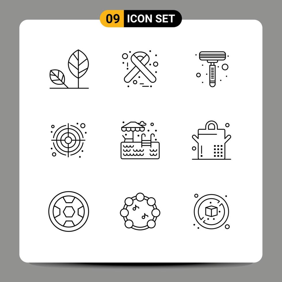 Mobile Interface Outline Set of 9 Pictograms of swimming water ribbon target bulls eye Editable Vector Design Elements