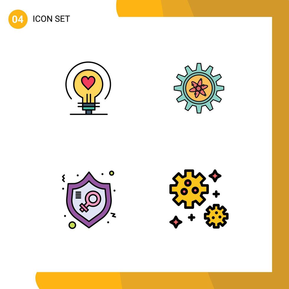 4 User Interface Filledline Flat Color Pack of modern Signs and Symbols of bulb justice wedding setting protection Editable Vector Design Elements