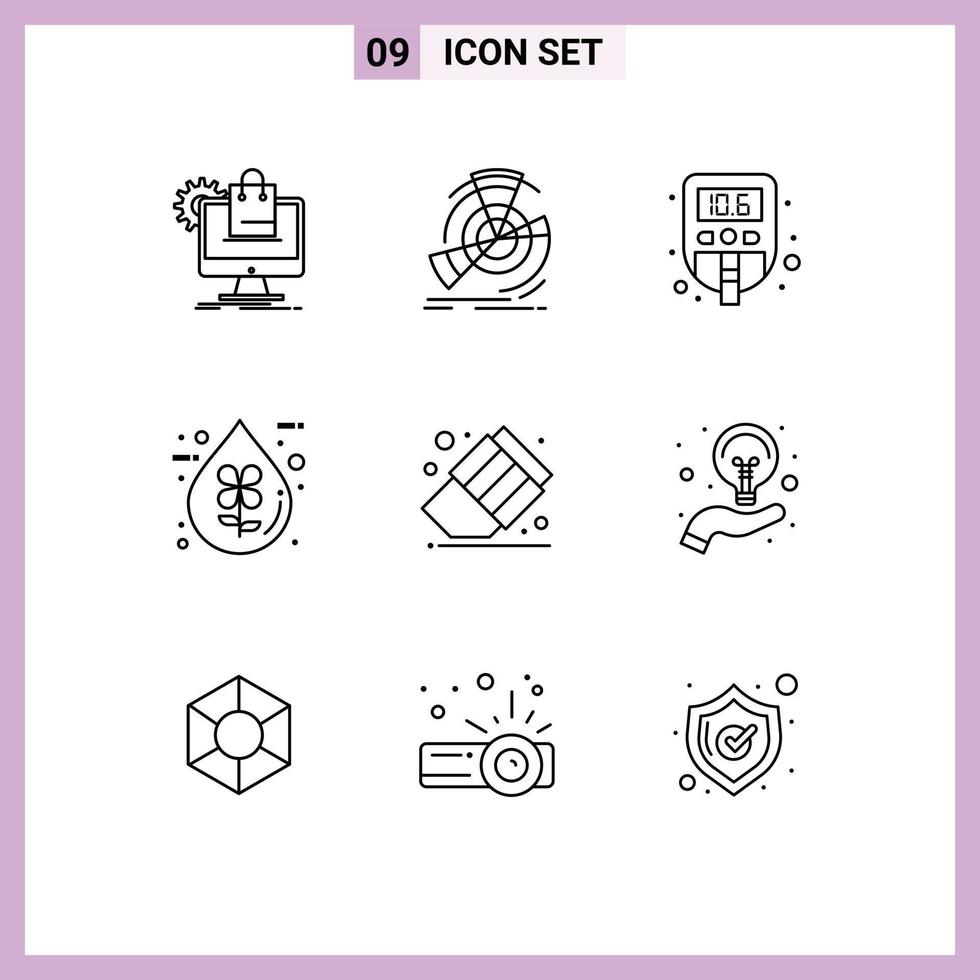 9 User Interface Outline Pack of modern Signs and Symbols of ecofriendly drop point bio sugar Editable Vector Design Elements