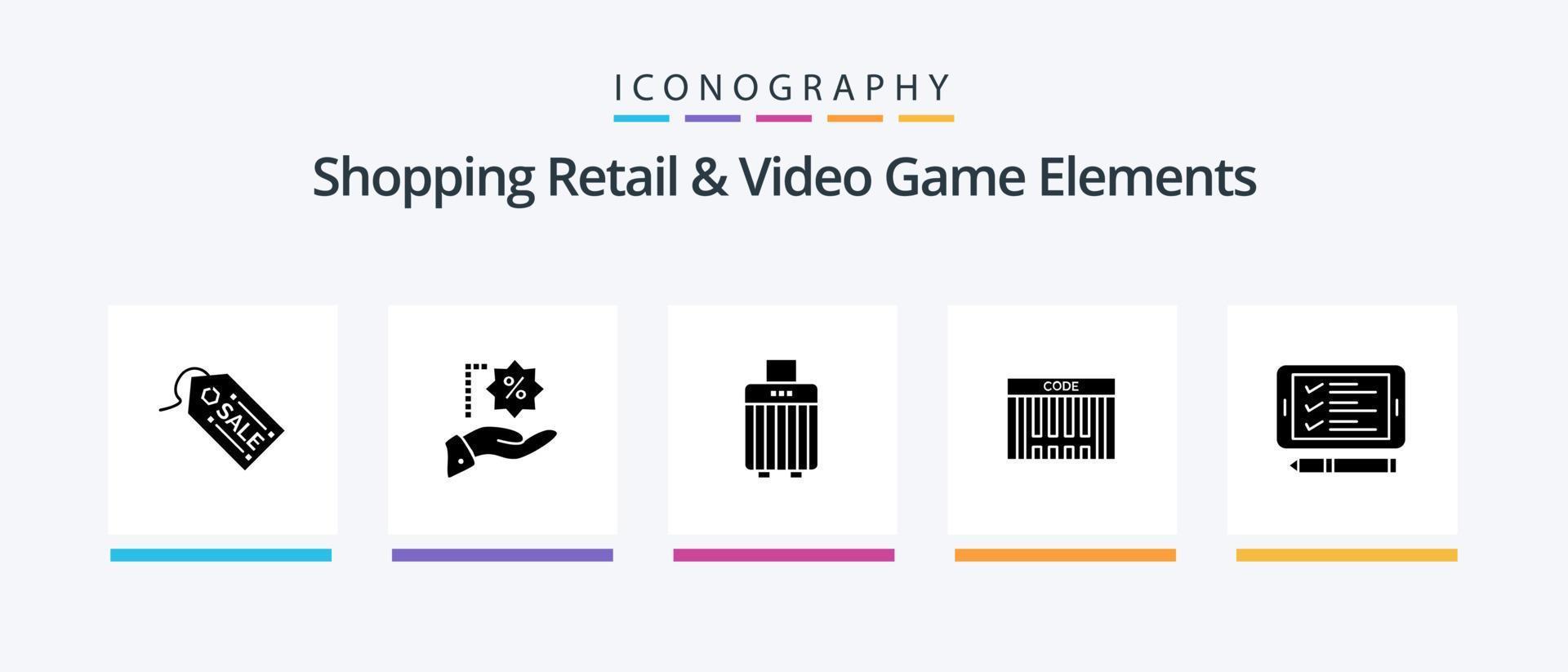 Shoping Retail And Video Game Elements Glyph 5 Icon Pack Including cell . shopping. bag . code. bar. Creative Icons Design vector