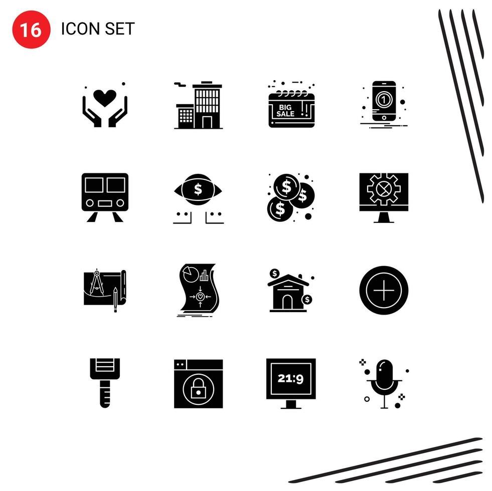 16 User Interface Solid Glyph Pack of modern Signs and Symbols of railway mobile big sale one notification Editable Vector Design Elements