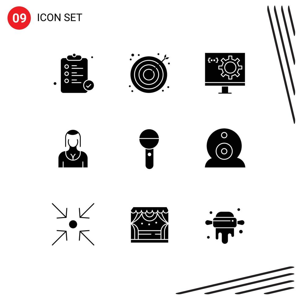 Mobile Interface Solid Glyph Set of 9 Pictograms of girl avatar web actress development Editable Vector Design Elements