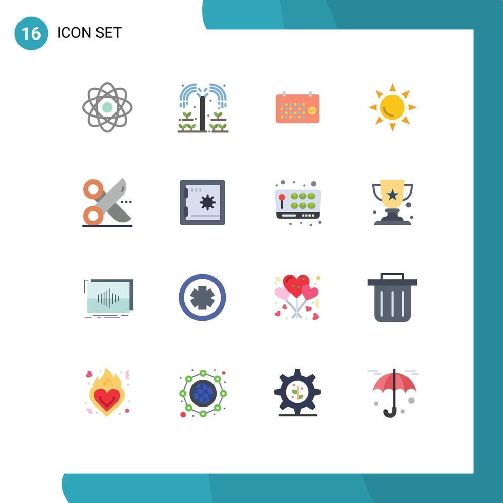 Mobile Interface Flat Color Set of 16 Pictograms of cutting sun calendar shinning time Editable Pack of Creative Vector Design Elements