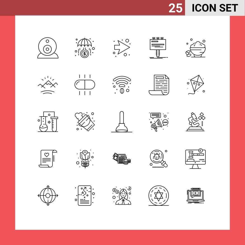 Pack of 25 Modern Lines Signs and Symbols for Web Print Media such as sweet dish next promo advertising Editable Vector Design Elements