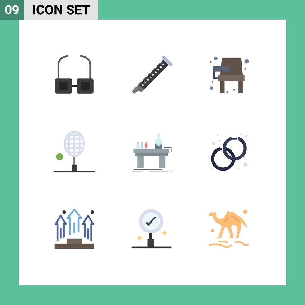 Pictogram Set of 9 Simple Flat Colors of tennis racket table tennis chair racket school Editable Vector Design Elements