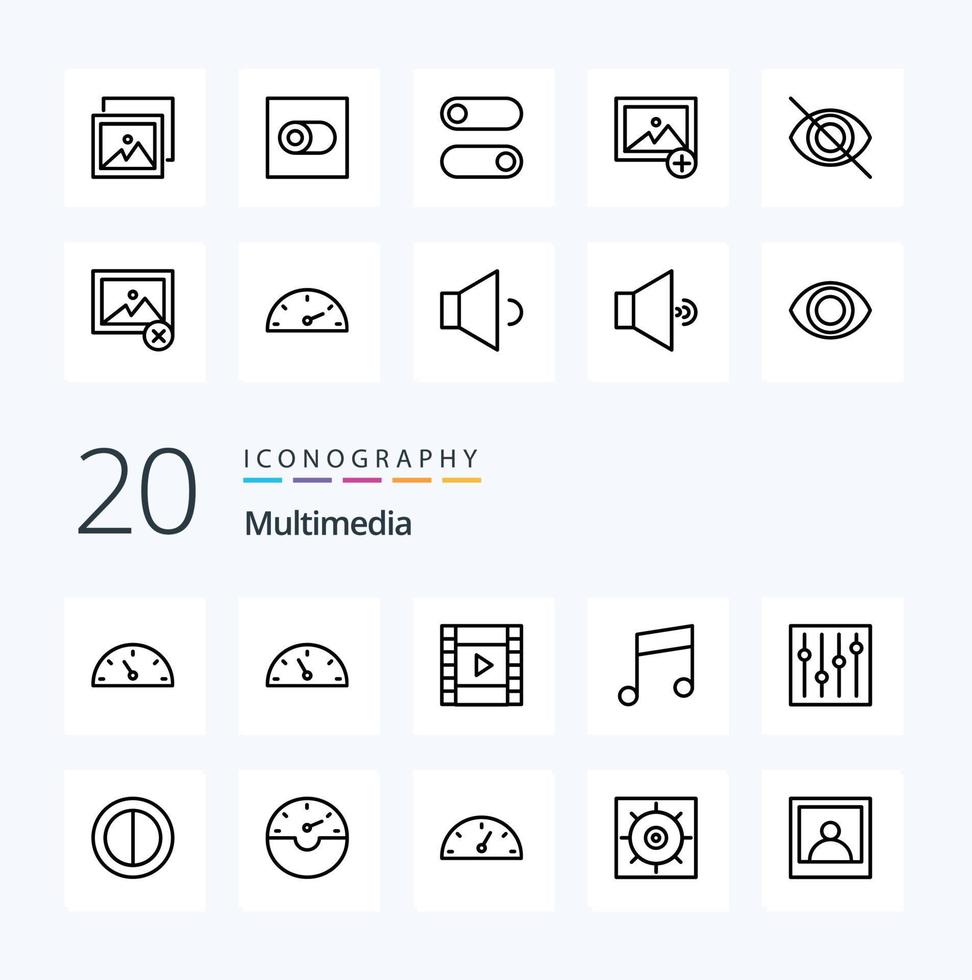 20 Multimedia Line icon Pack like dashboard gauge note dash colors vector