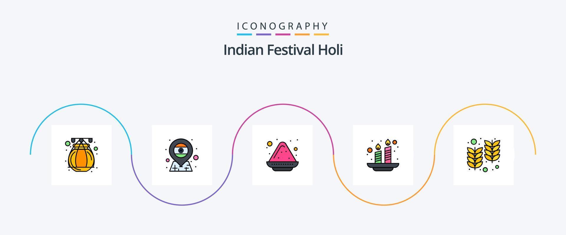 Holi Line Filled Flat 5 Icon Pack Including india. farm. color. light. holi vector