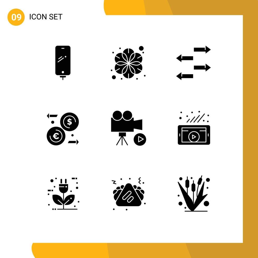 Group of 9 Solid Glyphs Signs and Symbols for film transfer spa money dollar Editable Vector Design Elements
