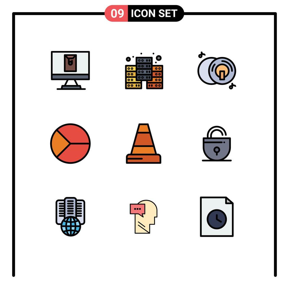 Universal Icon Symbols Group of 9 Modern Filledline Flat Colors of traffic cone disk pie finance Editable Vector Design Elements