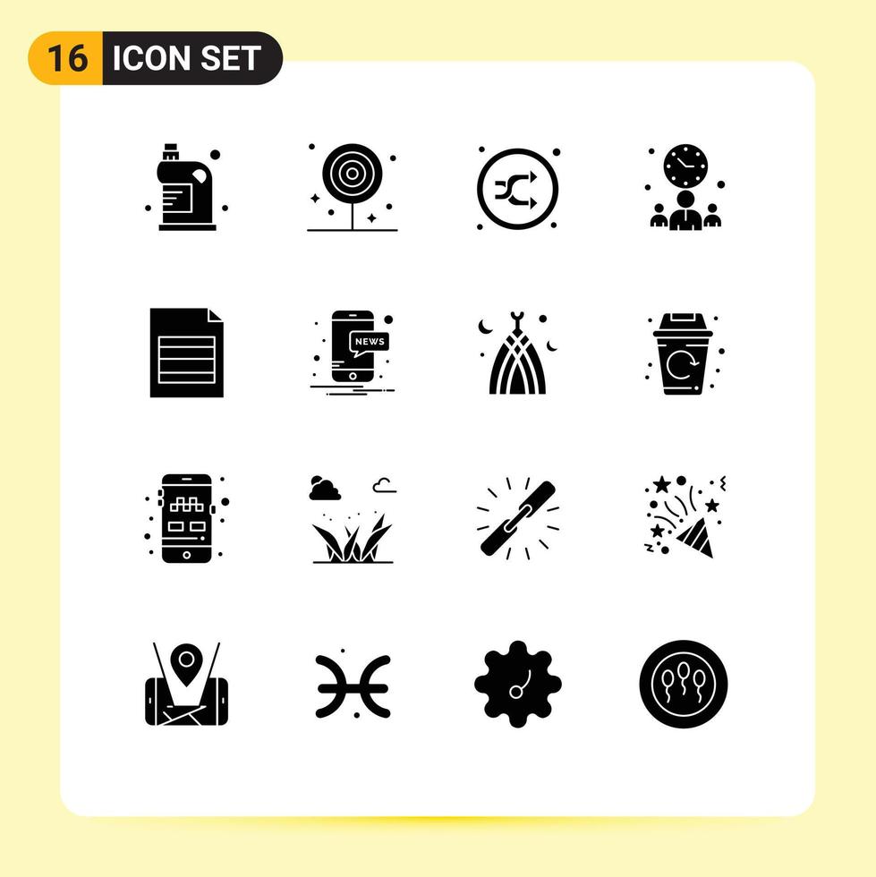 Mobile Interface Solid Glyph Set of 16 Pictograms of office businessman food shuffle music Editable Vector Design Elements