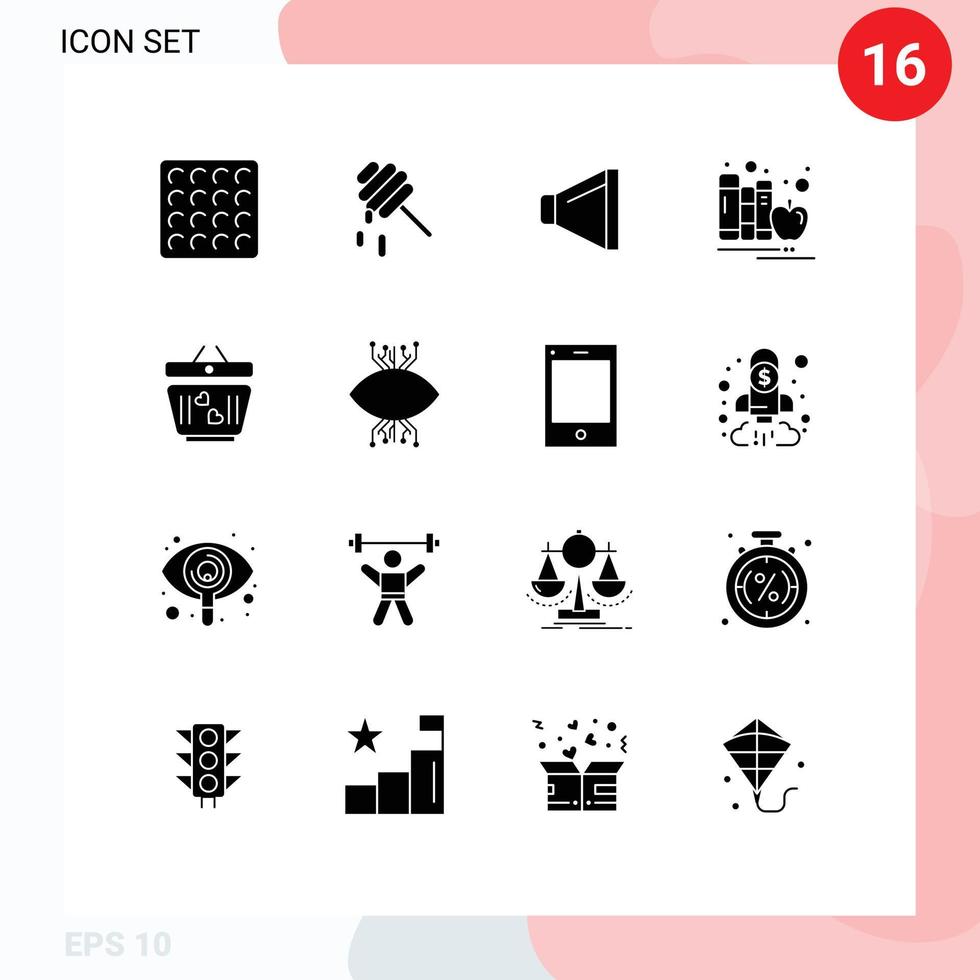 Modern Set of 16 Solid Glyphs Pictograph of wedding love volume cart library Editable Vector Design Elements