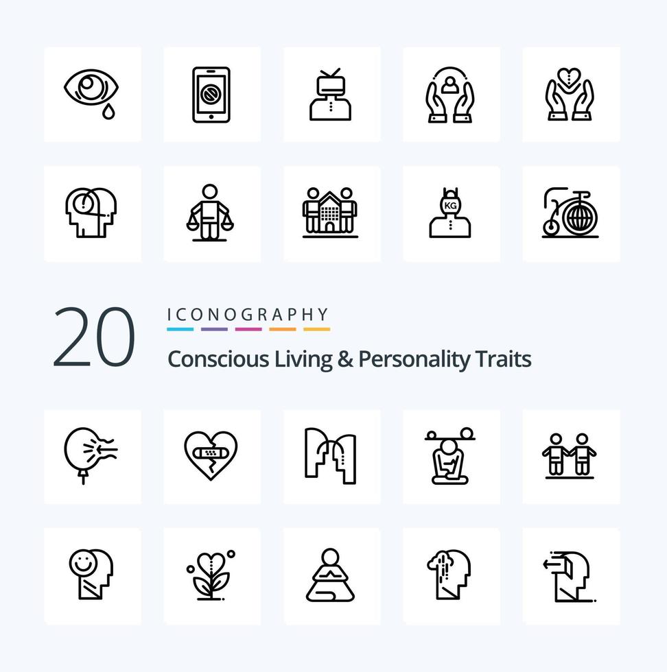 20 Concious Living And Personality Traits Line icon Pack like mind concentration heart balance mind vector