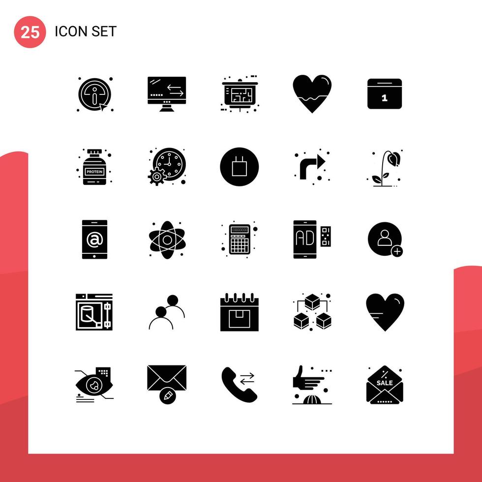 Set of 25 Commercial Solid Glyphs pack for calender lab architect heart beat Editable Vector Design Elements
