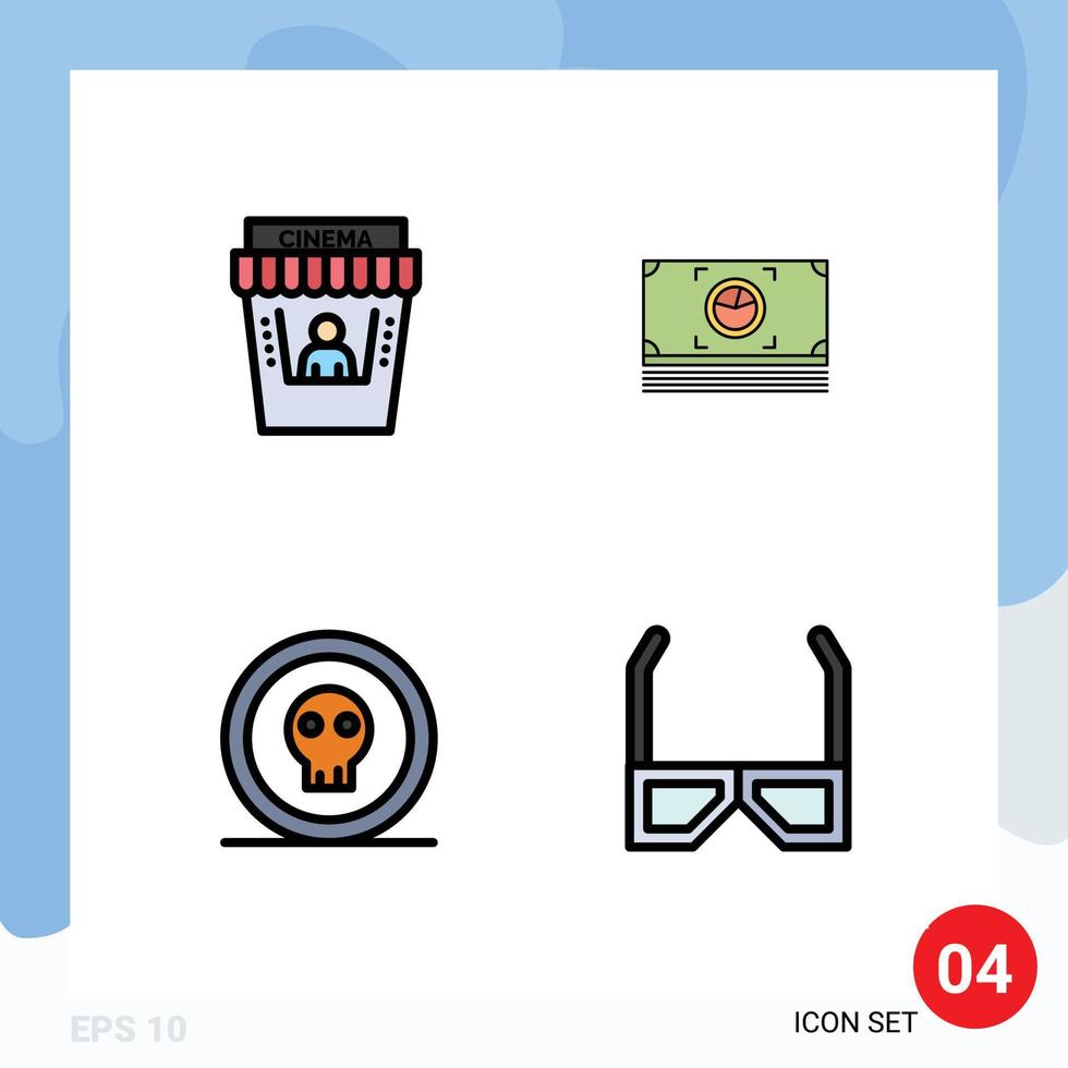 Pictogram Set of 4 Simple Filledline Flat Colors of cinema dangerous theater cash horror Editable Vector Design Elements