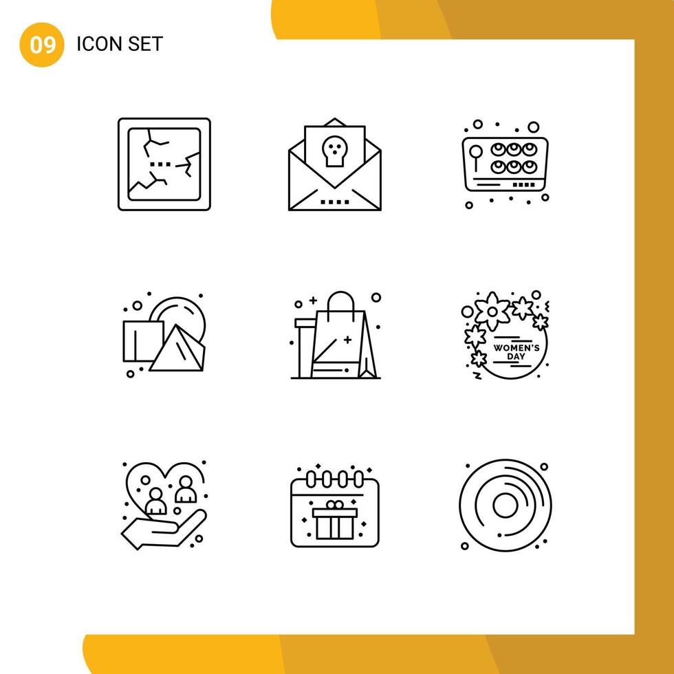 Pack of 9 Modern Outlines Signs and Symbols for Web Print Media such as bag squares joystick shapes cube Editable Vector Design Elements