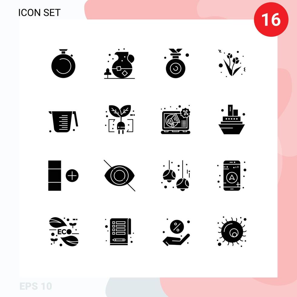 Set of 16 Vector Solid Glyphs on Grid for cooking tulip drink present won Editable Vector Design Elements