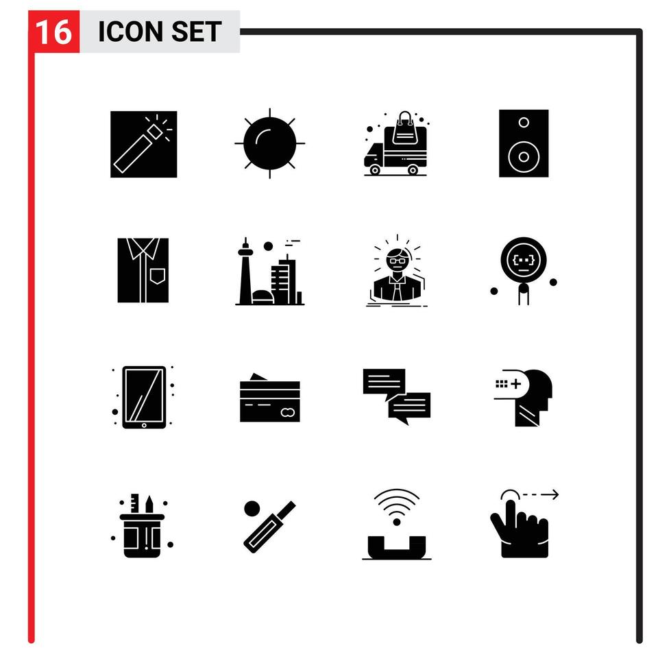 Modern Set of 16 Solid Glyphs Pictograph of cloth technology transportation speaker electronics Editable Vector Design Elements
