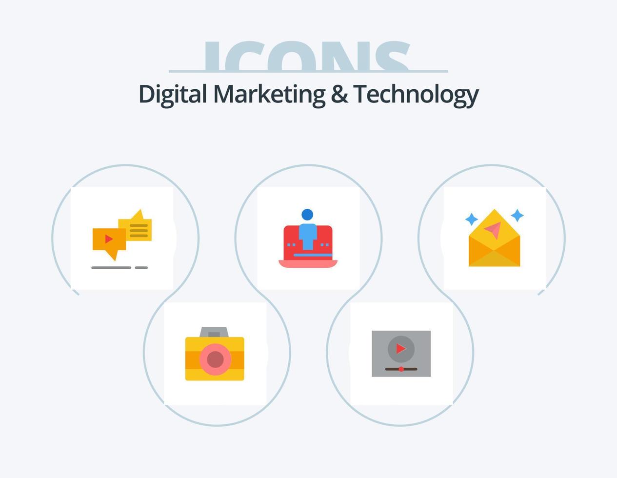 Digital Marketing And Technology Flat Icon Pack 5 Icon Design. marketing. laptop. chat. digital. speech vector