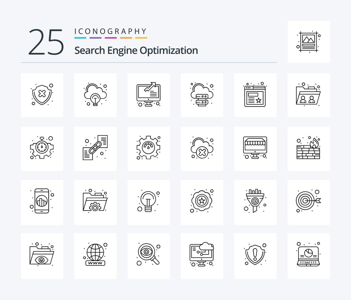 Seo 25 Line icon pack including folder. website. statistics. seo. server vector