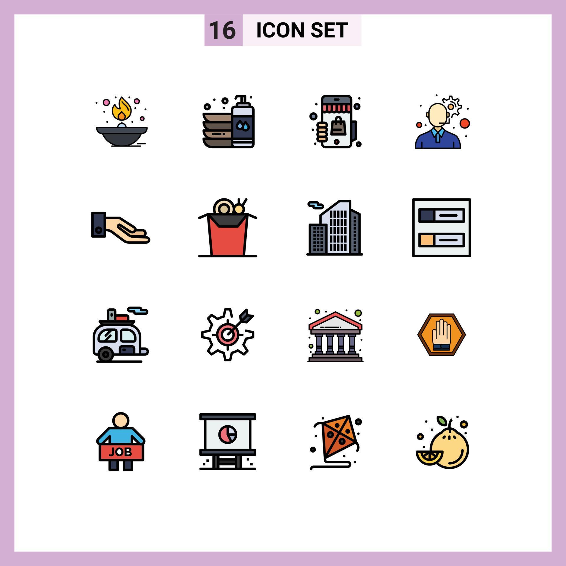 16 Universal Flat Color Filled Line Signs Symbols of alms gear liquid