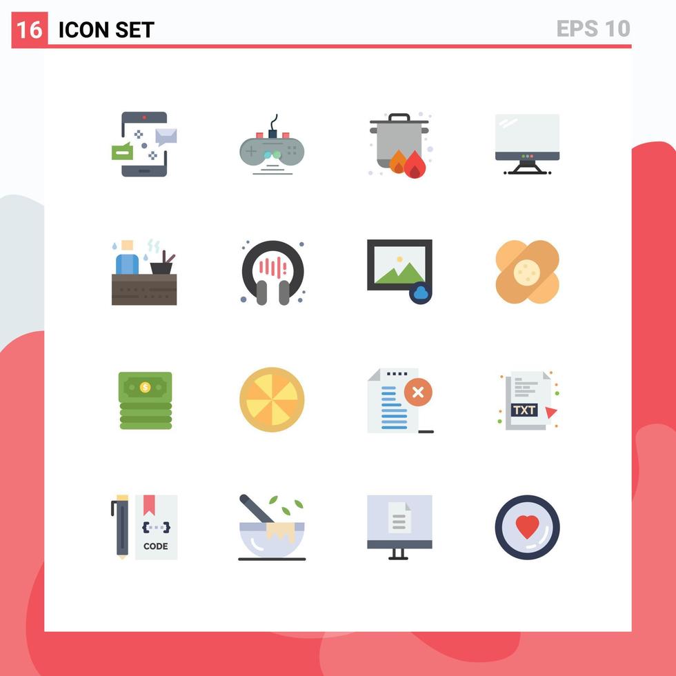 Mobile Interface Flat Color Set of 16 Pictograms of pc device game pad monitor cooking Editable Pack of Creative Vector Design Elements