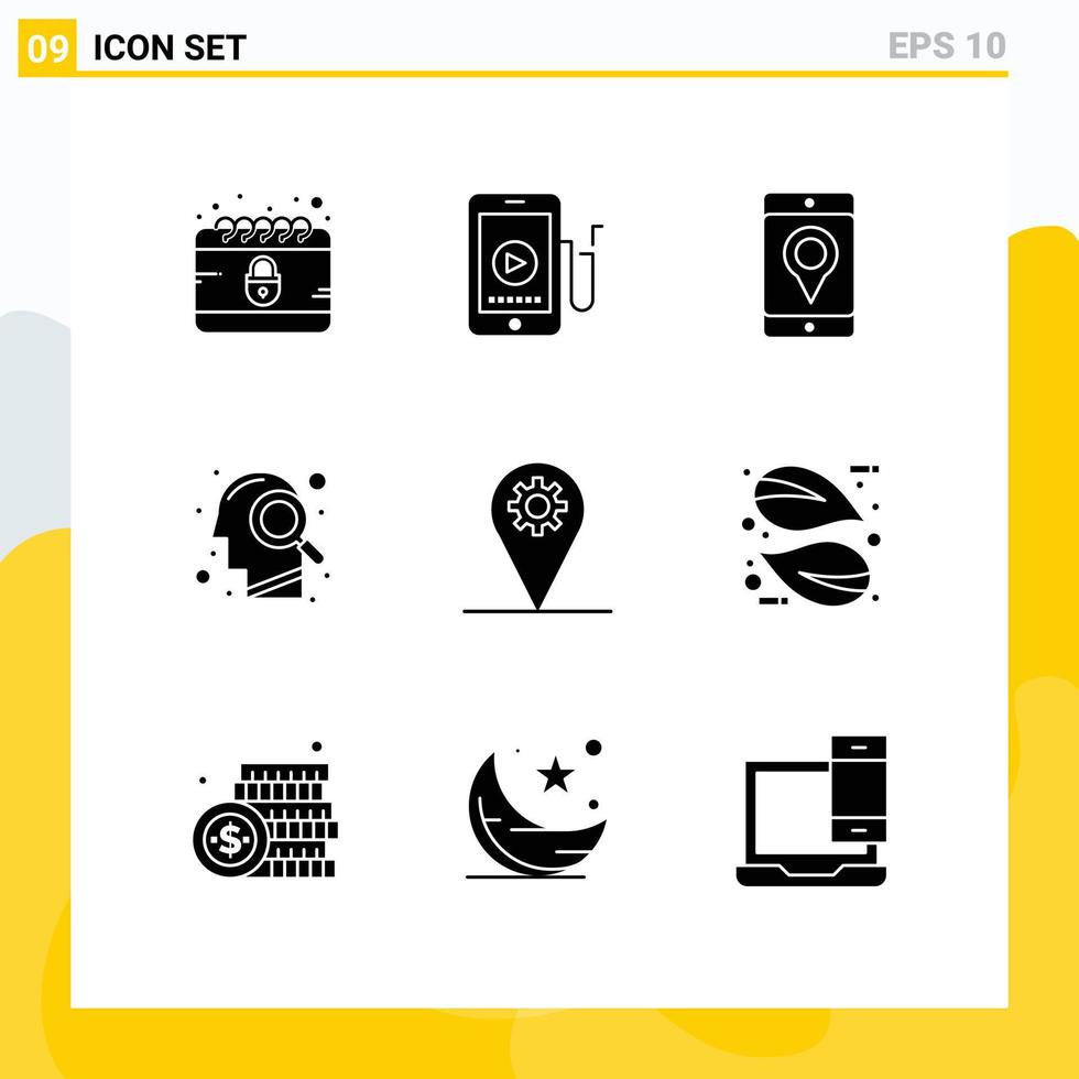 Set of 9 Vector Solid Glyphs on Grid for location search mobile mind head Editable Vector Design Elements