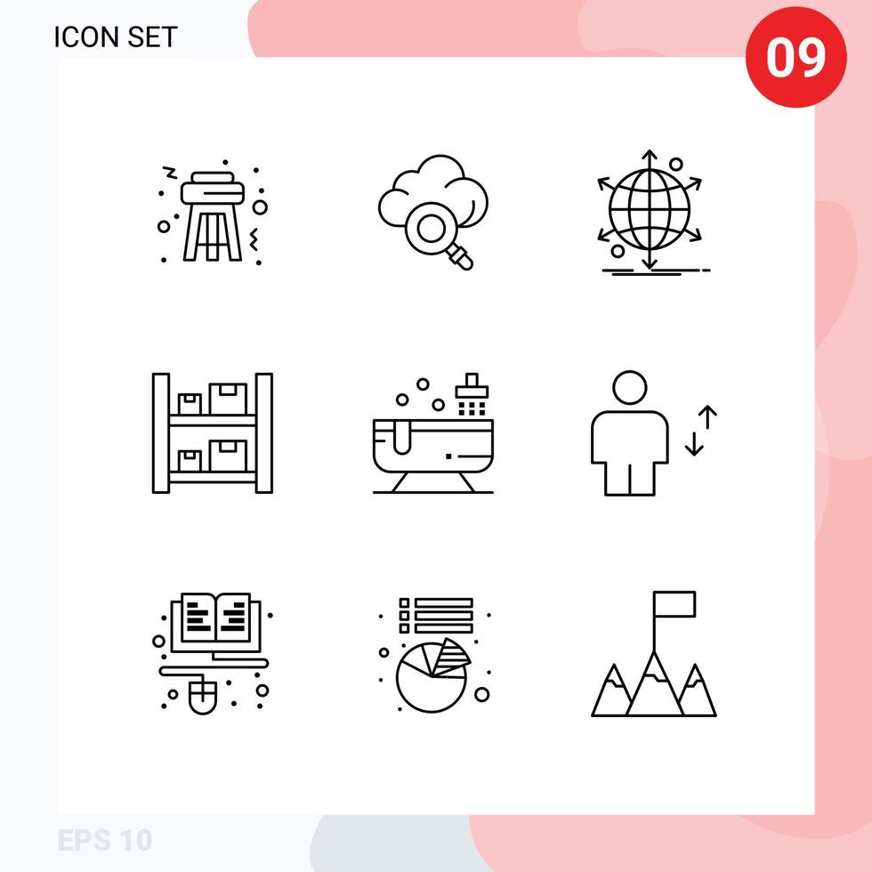 Stock Vector Icon Pack of 9 Line Signs and Symbols for shower bathroom net warehouse boxes Editable Vector Design Elements
