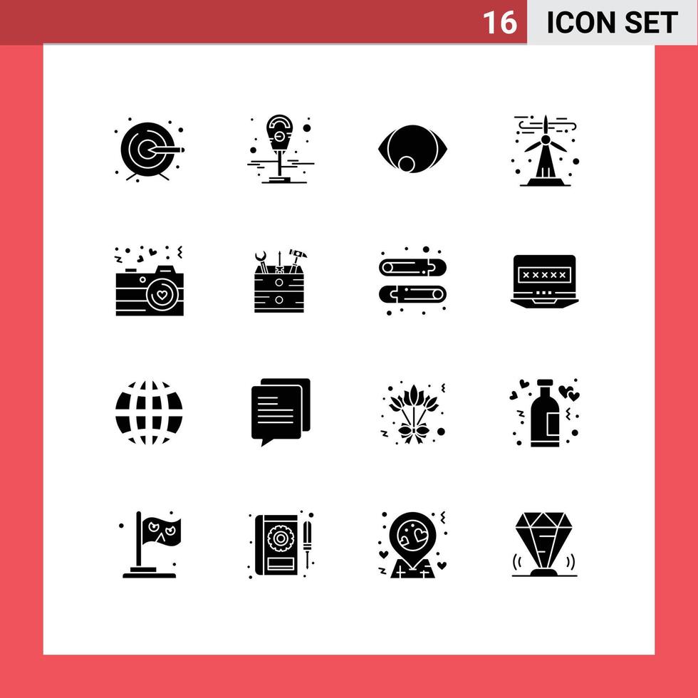 Set of 16 Modern UI Icons Symbols Signs for valentine love human camera renewable Editable Vector Design Elements