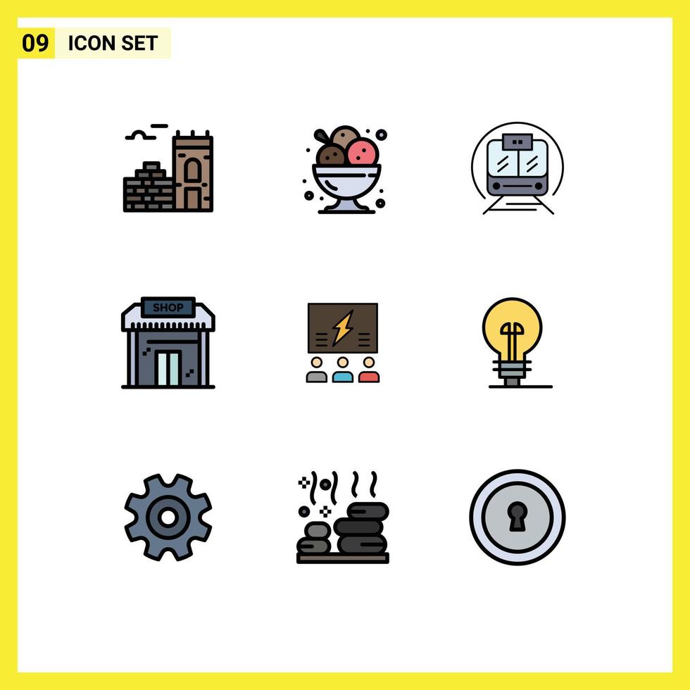 Group of 9 Filledline Flat Colors Signs and Symbols for brainstorming market speed train education building Editable Vector Design Elements