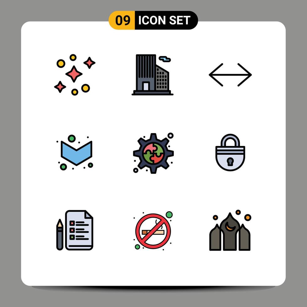 User Interface Pack of 9 Basic Filledline Flat Colors of secure gear move process full Editable Vector Design Elements