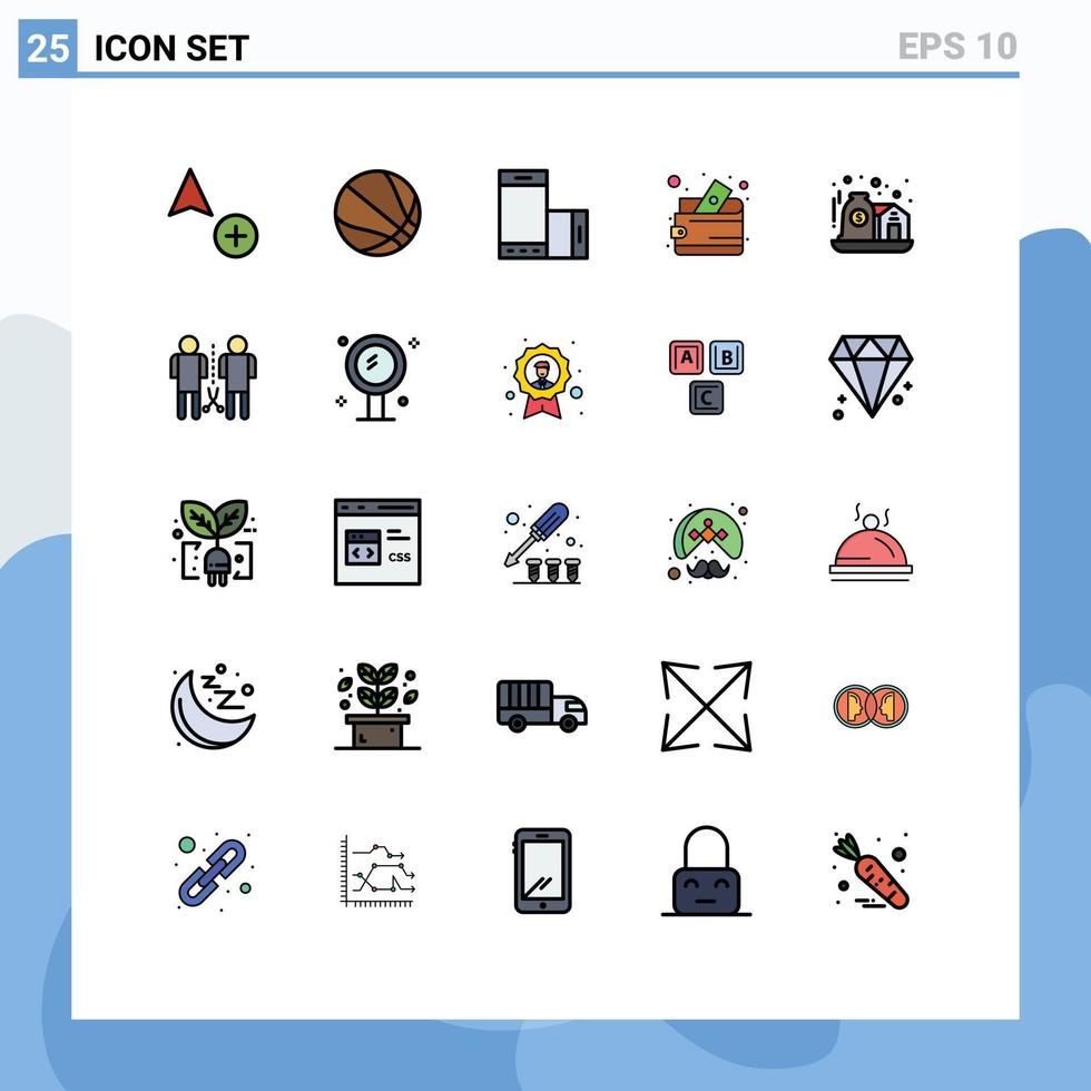 Pack of 25 Modern Filled line Flat Colors Signs and Symbols for Web Print Media such as investment asset phone purse cash wallet Editable Vector Design Elements