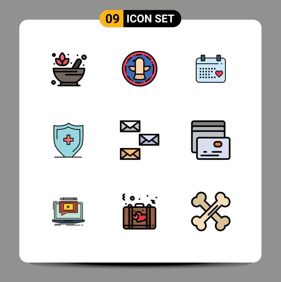 Group of 9 Filledline Flat Colors Signs and Symbols for contact shield calender board hospital Editable Vector Design Elements