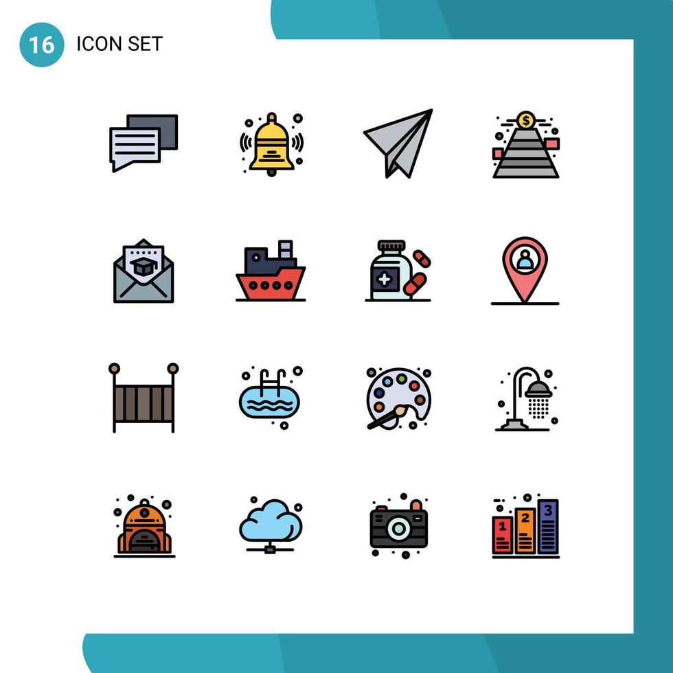Universal Icon Symbols Group of 16 Modern Flat Color Filled Lines of mail education paper plane cap goal Editable Creative Vector Design Elements