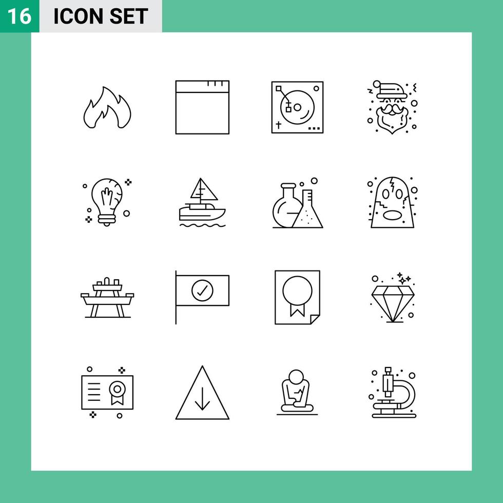 Editable Vector Line Pack of 16 Simple Outlines of solution bulb party mind santa Editable Vector Design Elements
