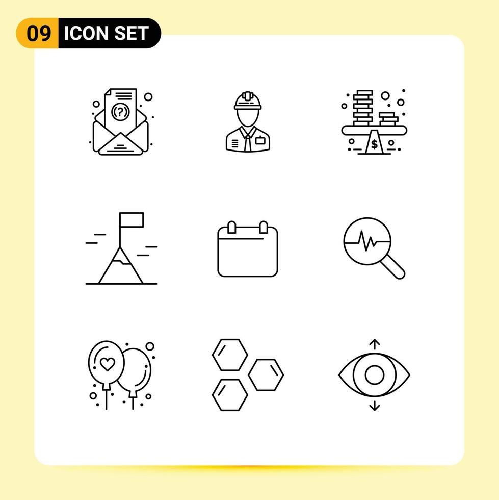 9 Outline concept for Websites Mobile and Apps calender mountain labor adventure profit Editable Vector Design Elements