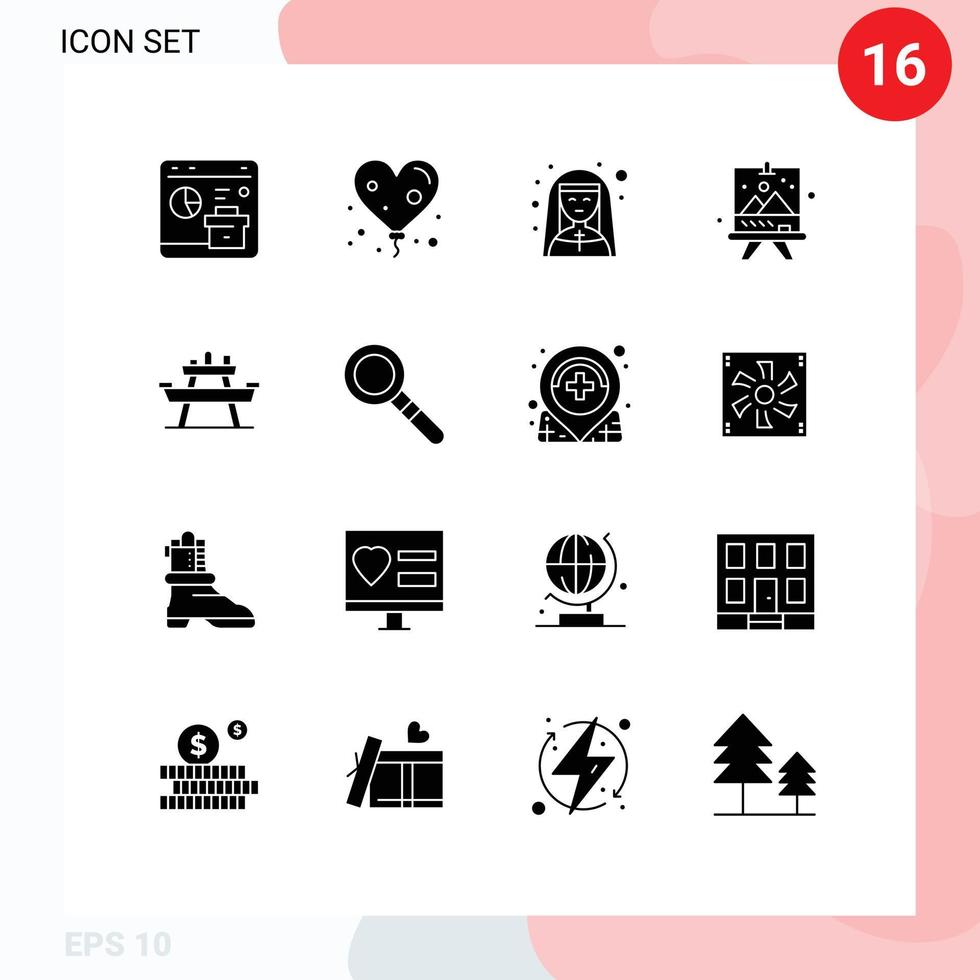 Group of 16 Modern Solid Glyphs Set for bench arts church art profession Editable Vector Design Elements