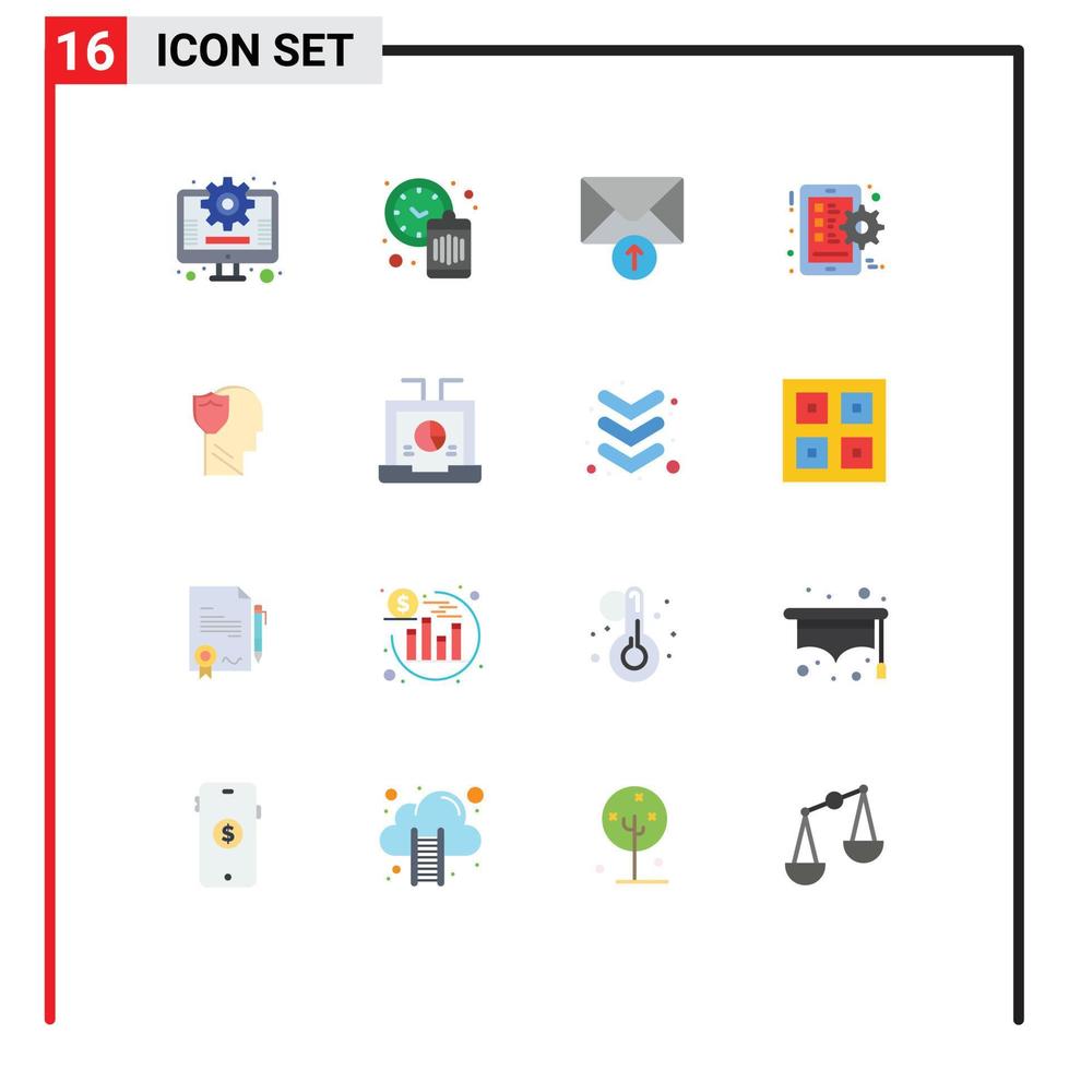 Pack of 16 creative Flat Colors of user secure message shield setting Editable Pack of Creative Vector Design Elements