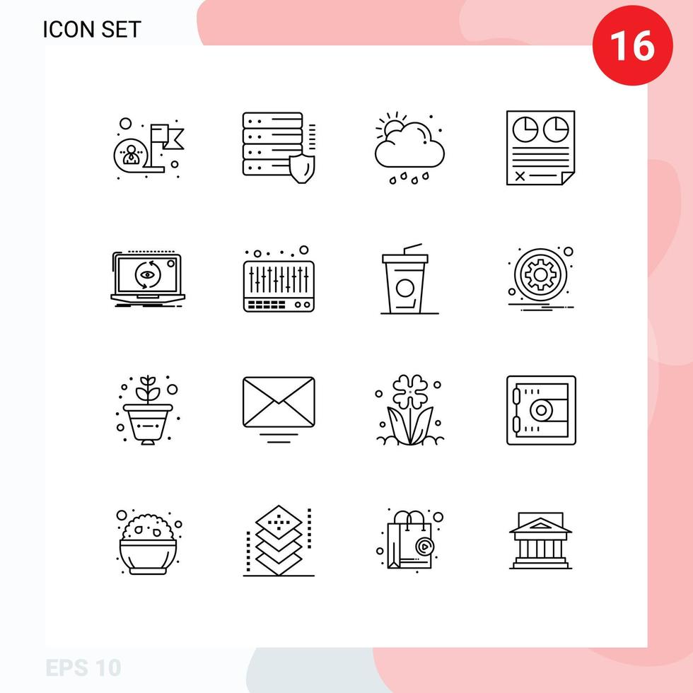 Set of 16 Modern UI Icons Symbols Signs for report page security data sun Editable Vector Design Elements