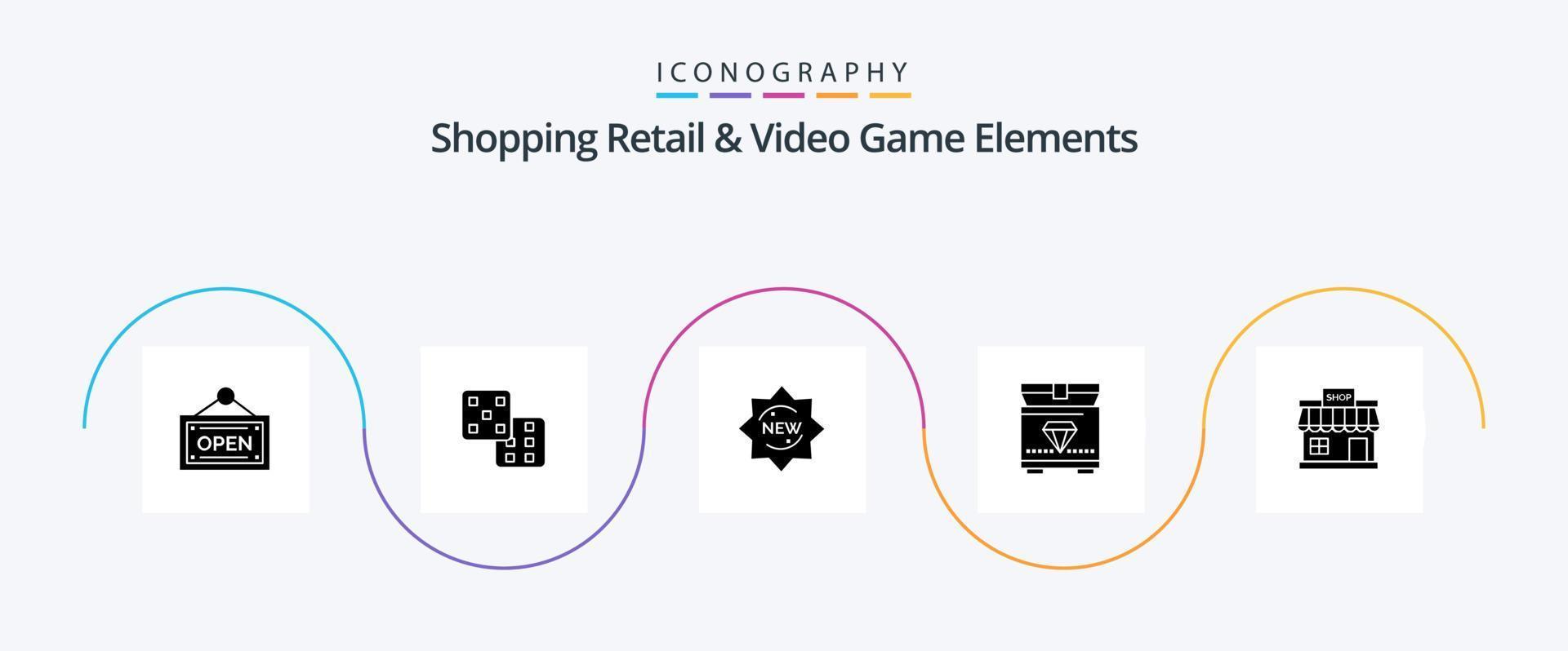 Shoping Retail And Video Game Elements Glyph 5 Icon Pack Including market. online. sticker. store. gaming vector