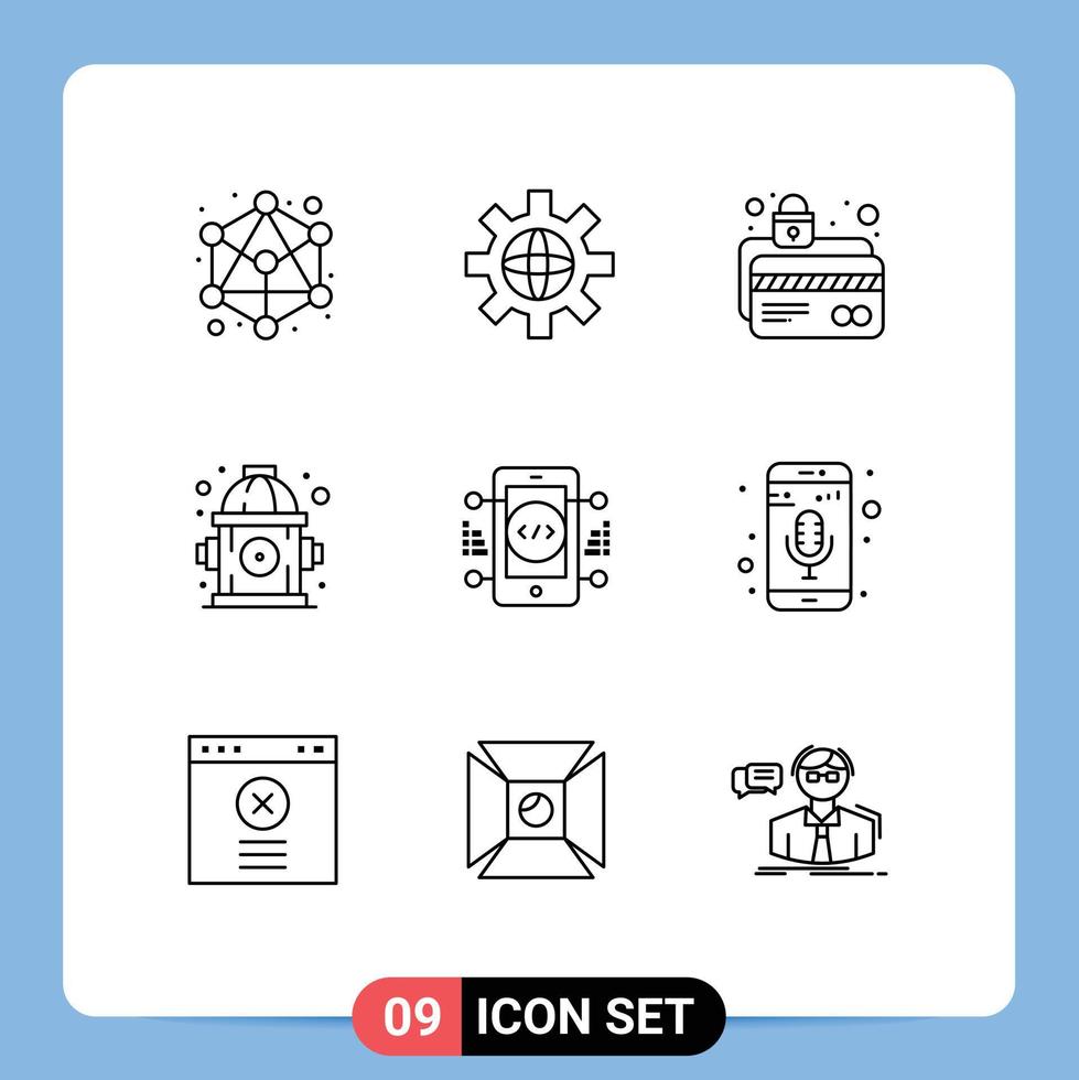 Pictogram Set of 9 Simple Outlines of online coding card protection water fire Editable Vector Design Elements