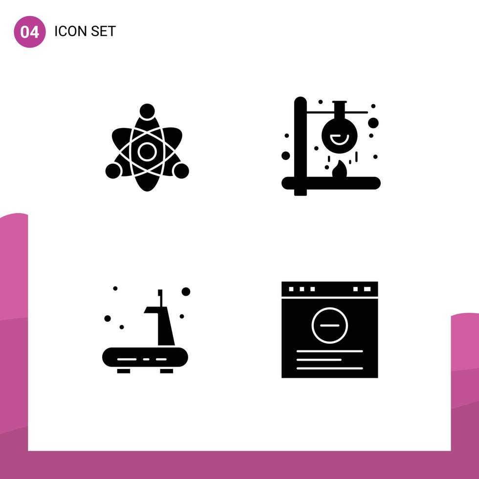 Group of Modern Solid Glyphs Set for atom gym chemical laboratory treadmill Editable Vector Design Elements
