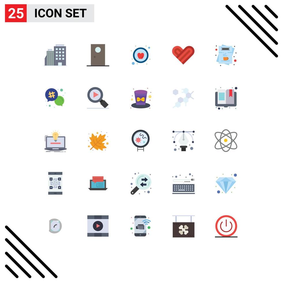 25 User Interface Flat Color Pack of modern Signs and Symbols of list cafe round valentine heart Editable Vector Design Elements